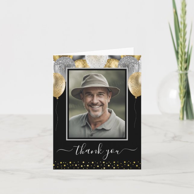 Tarjeta De Agradecimiento Purpurinas Globos Gracias Foto (Anverso)