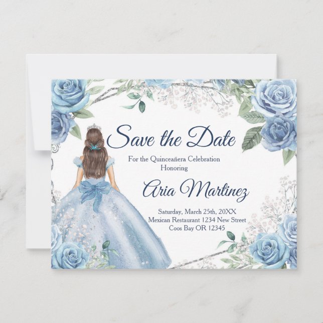 Tarjeta De Agradecimiento Quinceañera 15 Anos Dusty Blue Save the Date (Anverso)