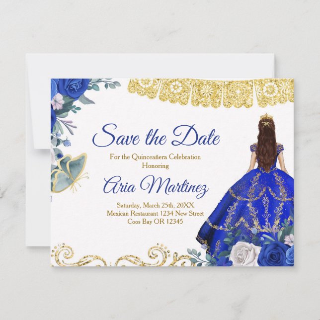 Tarjeta De Agradecimiento Quinceañera 15 Anos Royal Blue Save the Date (Anverso)