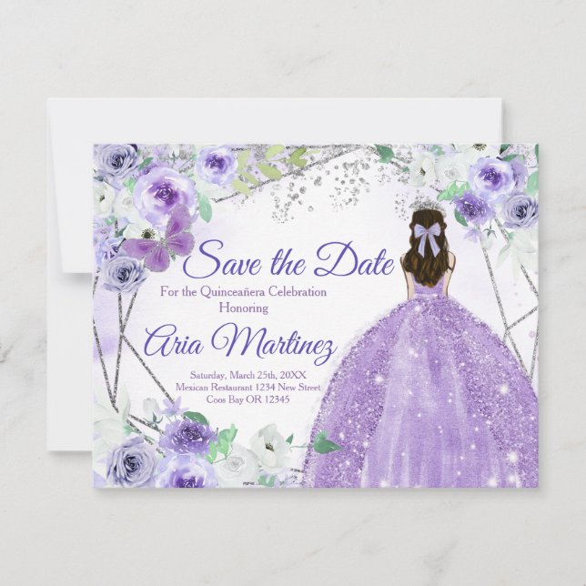 Tarjeta De Agradecimiento Quinceañera 15 Anos Silver y Purple Save the Date (Anverso)