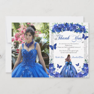 Tarjeta De Agradecimiento Quinceañera Azul Flores Princesa Mariposas Foto