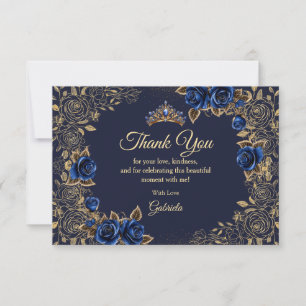 Tarjeta De Agradecimiento Quinceañera azul marino Rosas florales Tiara dorad