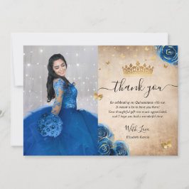 Tarjeta De Agradecimiento Quinceañera Azul Real y Dorado Foto Cumpleaños