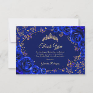 Tarjeta De Agradecimiento Quinceañera Azul Real y Oro