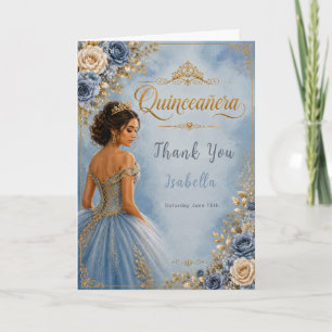Tarjeta De Agradecimiento Quinceañera Azul y Dorado