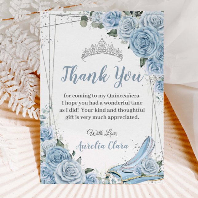 Tarjeta De Agradecimiento Quinceañera Baby Blue Floral Sweet 16 Cenicienta (Subido por el creador)