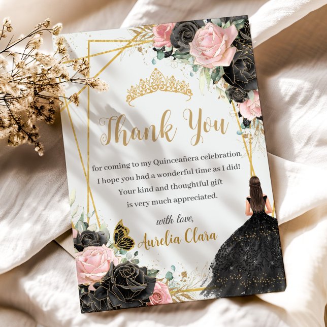Tarjeta De Agradecimiento Quinceañera Black Pink Floral Chica Vestido Prince (black and pink roses floral modern gold geometric princess girl black dress thank you card printed)