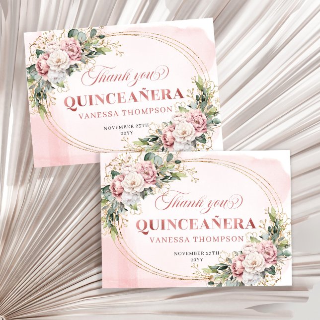Tarjeta de agradecimiento Quinceañera Boho Rosa Do (Blush Pink Boho Rose Gold Floral Quince Favor Thank You)