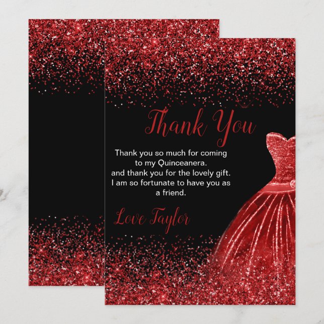 Tarjeta De Agradecimiento Quinceanera Bright Red Dress Faux Glitter (Anverso / Reverso)