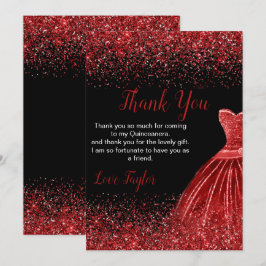 Tarjeta De Agradecimiento Quinceanera Bright Red Dress Faux Glitter