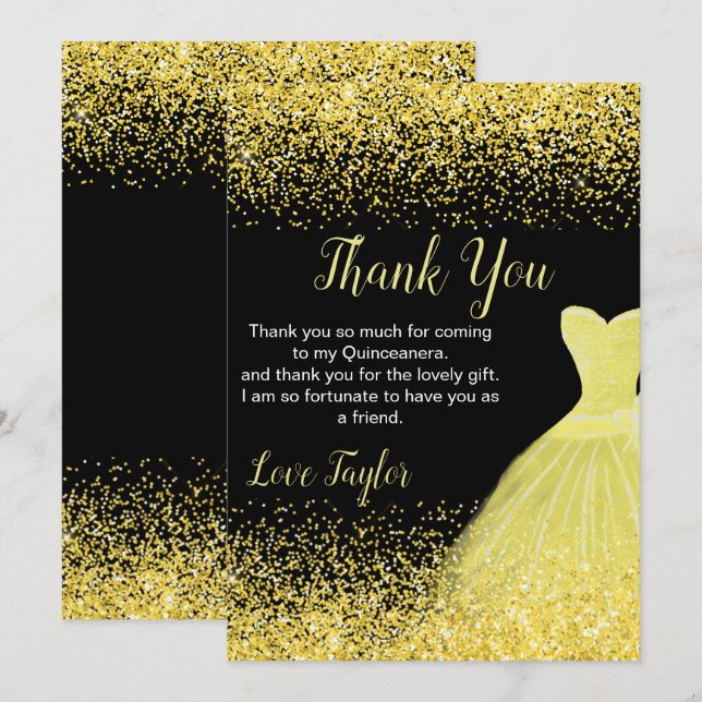 Tarjeta De Agradecimiento Quinceanera Bright Yellow Dress Faux Glitter (Anverso / Reverso)