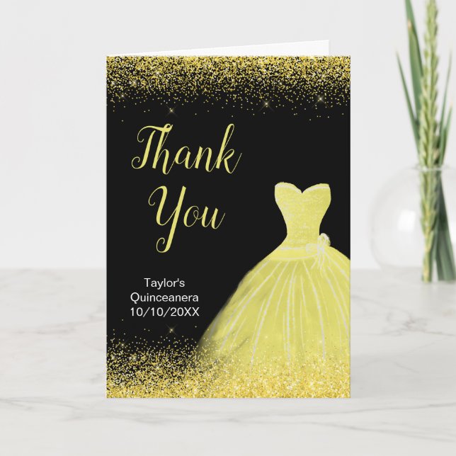 Tarjeta De Agradecimiento Quinceanera Brillante Vestido Amarillo Faux Purpur (Anverso)