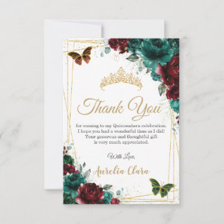 Tarjeta De Agradecimiento Quinceañera Burgundy Emerald Floral 16º cumpleaños