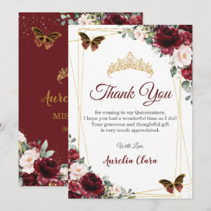Tarjeta De Agradecimiento Quinceañera Burgundy Rubor Floral Butterflies