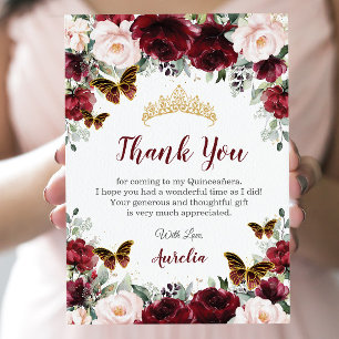 Tarjeta De Agradecimiento Quinceañera Burgundy Rubor Floral Butterflies