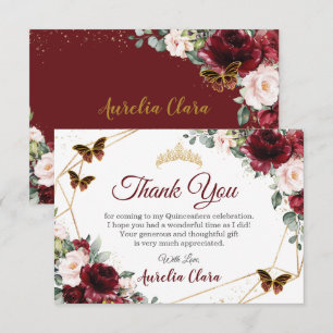 Tarjeta De Agradecimiento Quinceañera Burgundy Rubor Floral Butterflies