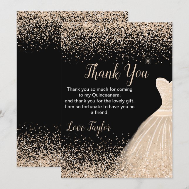 Tarjeta De Agradecimiento Quinceanera Champagne White Dress Faux Glitter (Anverso / Reverso)