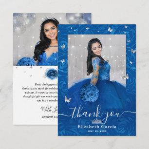 Tarjeta De Agradecimiento Quinceañera Cumpleaños 2 Fotos en Plata y Azul Rea