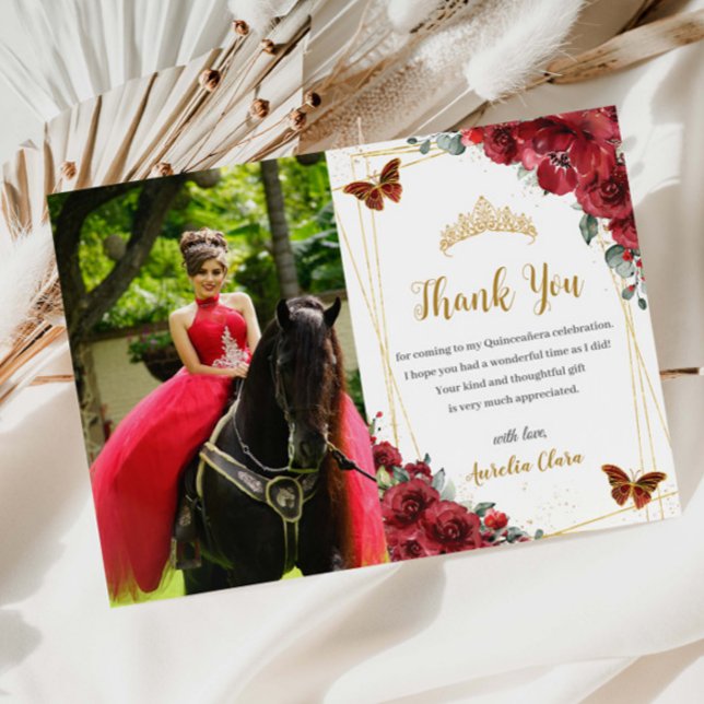 Tarjeta De Agradecimiento Quinceañera Cumpleaños Mariposas Florales Rojas (red-flowers-floral-butterflies-gold-quinceanera-15-sweet-16th-birthday-photograph-picture-thank-you)