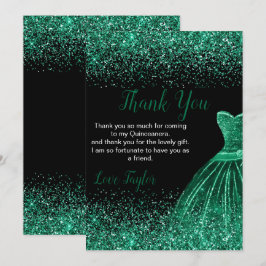Tarjeta De Agradecimiento Quinceanera Dark Green Dress Faux Glitter