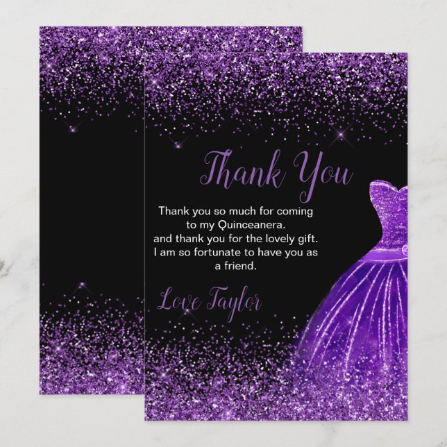 Tarjeta De Agradecimiento Quinceanera Dark Purple Dress Faux Glitter (Anverso / Reverso)