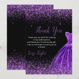 Tarjeta De Agradecimiento Quinceanera Dark Purple Dress Faux Glitter