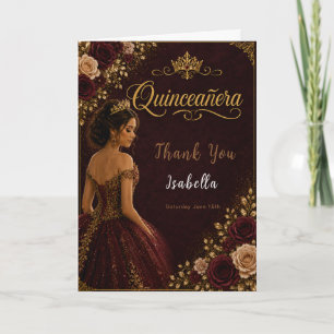 Tarjeta De Agradecimiento Quinceañera de Borgoña y Dorado