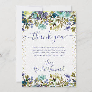 Tarjeta De Agradecimiento Quinceañera de flores azules y navy en acuarela