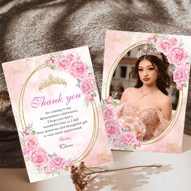 Tarjeta De Agradecimiento Quinceanera de oro Rosa Quince cumpleaños 15 Anos (Subido por el creador)