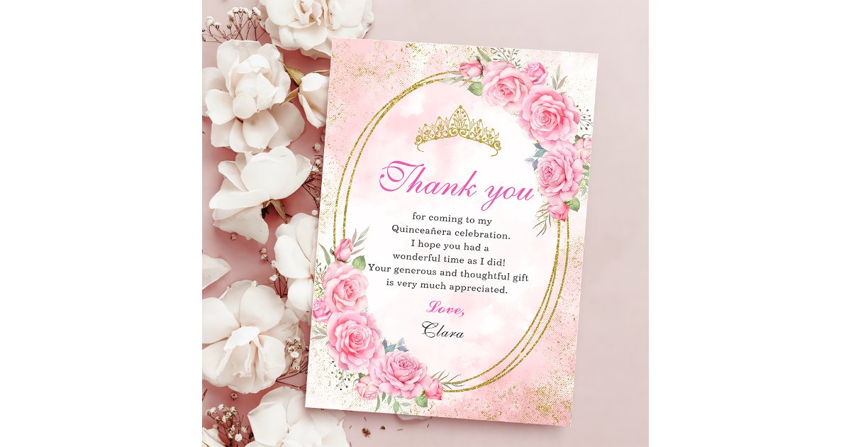 Tarjeta De Agradecimiento Quinceanera de oro Rosa Quince cumpleaños 15