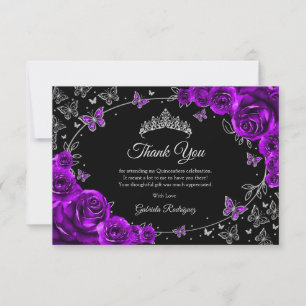 Tarjeta De Agradecimiento Quinceañera de plata púrpura