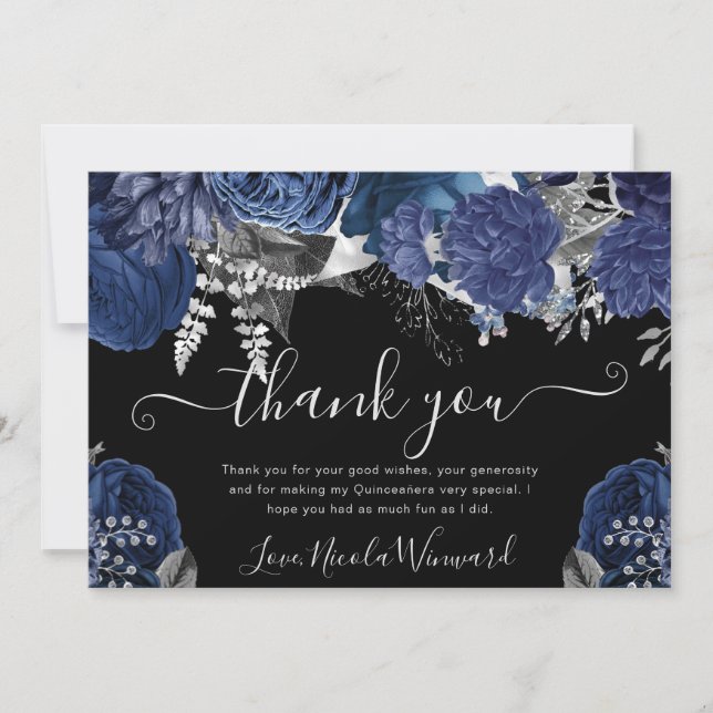 Tarjeta De Agradecimiento Quinceañera de rosas plateadas y azul marino acuar (Anverso)