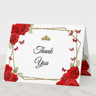 Tarjeta de agradecimiento Quinceañera de rosas roj