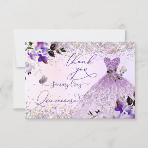 Tarjeta De Agradecimiento Quinceanera Dusty Lilac Purpurina de Plata Púrpura