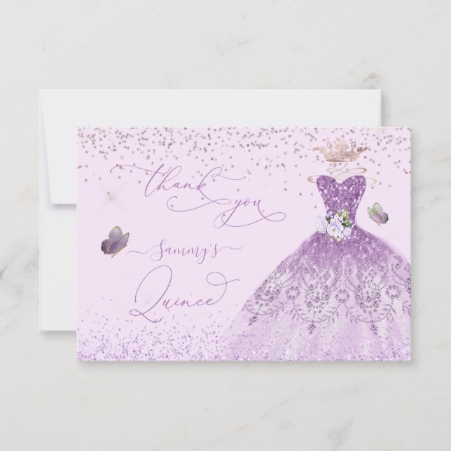 Tarjeta De Agradecimiento Quinceanera Dusty Lilac Purpurina de Plata Púrpura (Anverso)