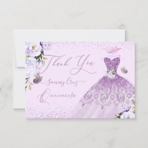 Tarjeta De Agradecimiento Quinceanera Dusty Lilac Purpurina de Plata Púrpura