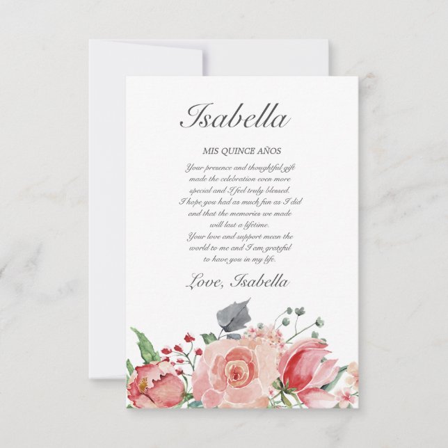 Tarjeta De Agradecimiento Quinceañera elegante rosa y verde (Anverso)
