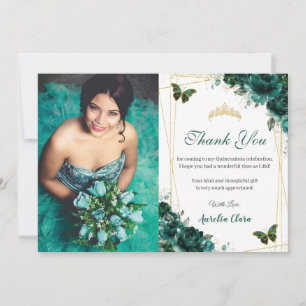 Tarjeta De Agradecimiento Quinceañera Emerald Floral Butterflies Cumpleaños