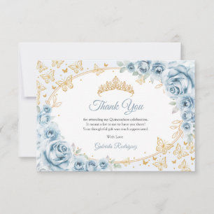 Tarjeta De Agradecimiento Quinceañera Floral Azul Bebé Dorado