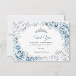 Tarjeta De Agradecimiento Quinceañera Floral Azul Bebé Plateado