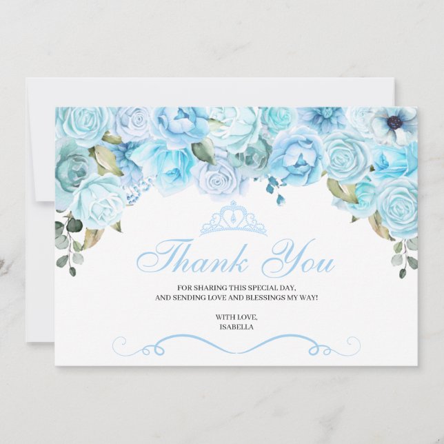 Tarjeta De Agradecimiento Quinceanera floral azul cielo Gracias (Anverso)