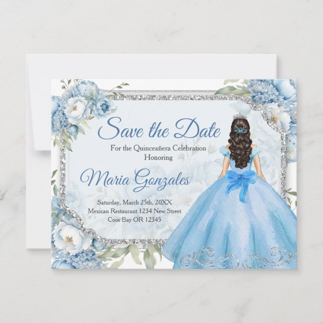 Tarjeta De Agradecimiento Quinceañera floral azul de plata salva la fecha (Anverso)