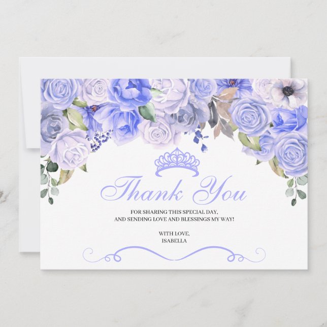 Tarjeta De Agradecimiento Quinceanera Floral Azul Periwinkle Gracias (Anverso)