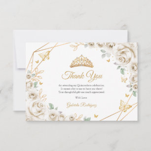 Tarjeta De Agradecimiento Quinceañera Floral Crema Marfil Dorada