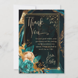Tarjeta De Agradecimiento Quinceañera Floral de Ágata Teal y Oro de Lujo