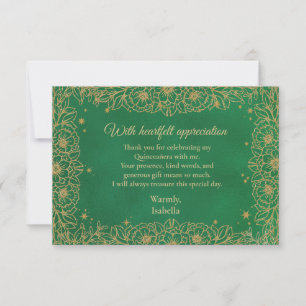 Tarjeta De Agradecimiento Quinceañera Floral de Línea Dorada Verde Esmeralda