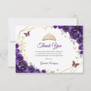 Tarjeta De Agradecimiento Quinceañera Floral de Oro Púrpura