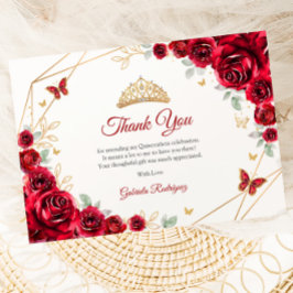 Tarjeta De Agradecimiento Quinceanera floral de oro rojo