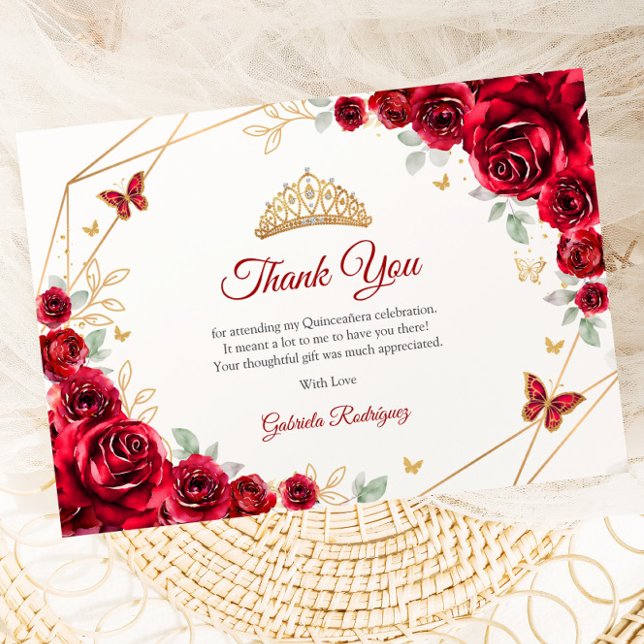 Tarjeta De Agradecimiento Quinceanera floral de oro rojo (Subido por el creador)