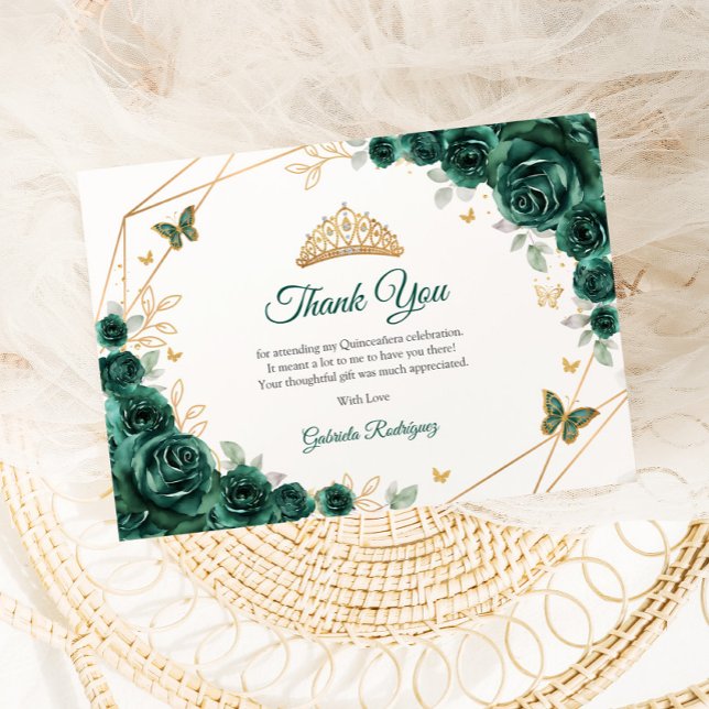 Tarjeta De Agradecimiento Quinceanera floral de oro verde esmeralda (Subido por el creador)